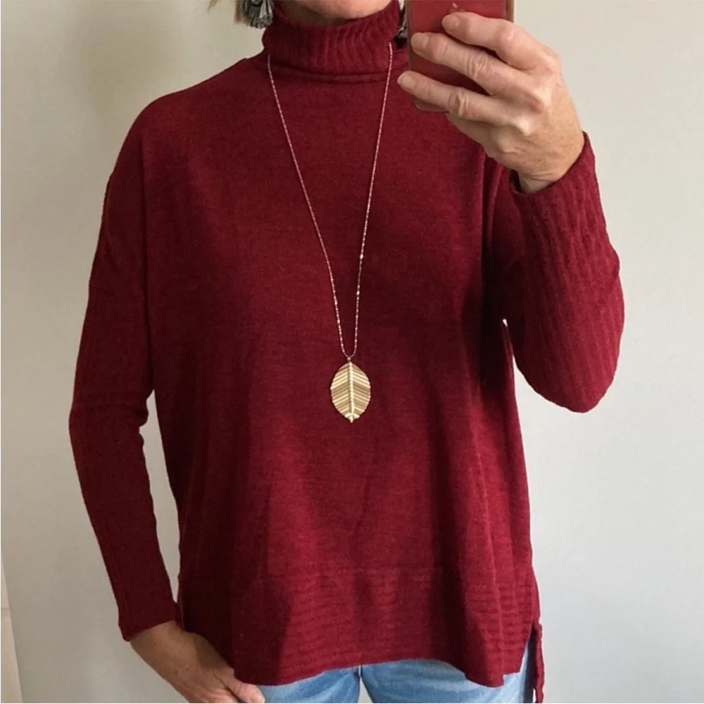 Burgundy Color Long Sleeve Turtleneck Sweater - Picture 2 of 9
